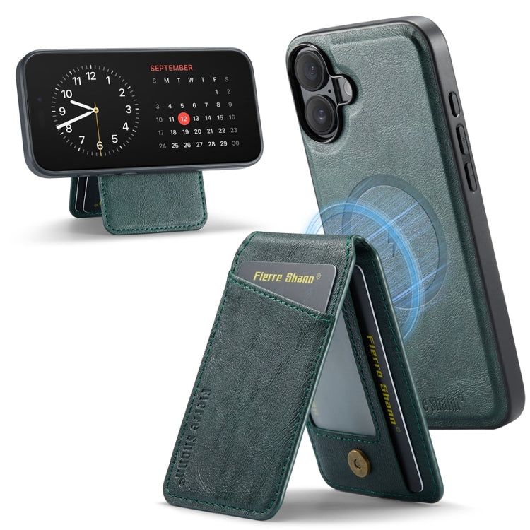 For iPhone 16 Plus Fierre Shann Cowhide Vertical Flip Magnetic Card Holder Phone Case(Green) - iPhone 16 Plus Cases by FIERRE SHANN | Online Shopping UK | buy2fix