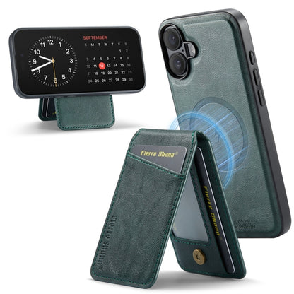 For iPhone 16 Plus Fierre Shann Cowhide Vertical Flip Magnetic Card Holder Phone Case(Green) - iPhone 16 Plus Cases by FIERRE SHANN | Online Shopping UK | buy2fix