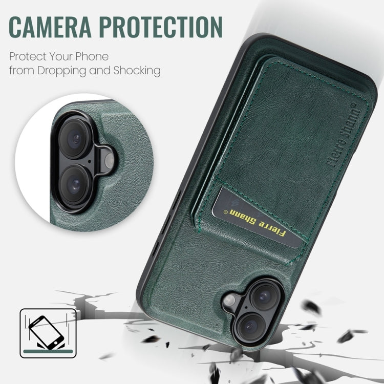 For iPhone 16 Plus Fierre Shann Cowhide Vertical Flip Magnetic Card Holder Phone Case(Green) - iPhone 16 Plus Cases by FIERRE SHANN | Online Shopping UK | buy2fix