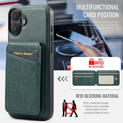 For iPhone 16 Plus Fierre Shann Cowhide Vertical Flip Magnetic Card Holder Phone Case(Green) - iPhone 16 Plus Cases by FIERRE SHANN | Online Shopping UK | buy2fix