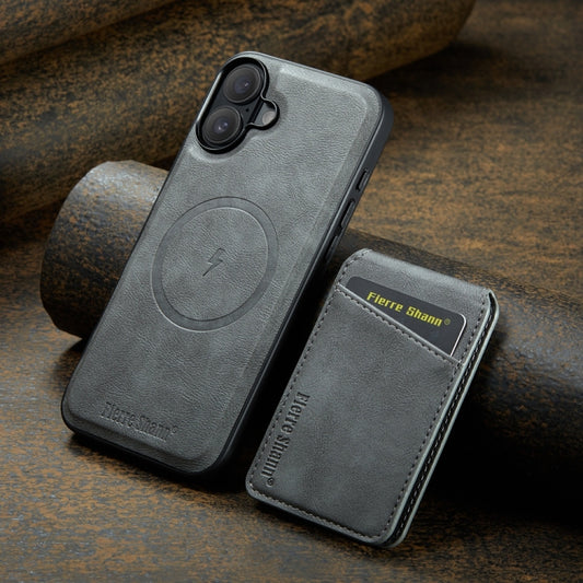 For iPhone 16 Plus Fierre Shann Cowhide Vertical Flip Magnetic Card Holder Phone Case(Grey) - iPhone 16 Plus Cases by FIERRE SHANN | Online Shopping UK | buy2fix