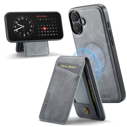 For iPhone 16 Plus Fierre Shann Cowhide Vertical Flip Magnetic Card Holder Phone Case(Grey) - iPhone 16 Plus Cases by FIERRE SHANN | Online Shopping UK | buy2fix