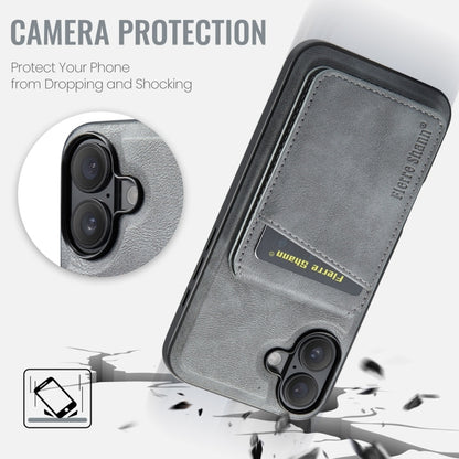 For iPhone 16 Plus Fierre Shann Cowhide Vertical Flip Magnetic Card Holder Phone Case(Grey) - iPhone 16 Plus Cases by FIERRE SHANN | Online Shopping UK | buy2fix