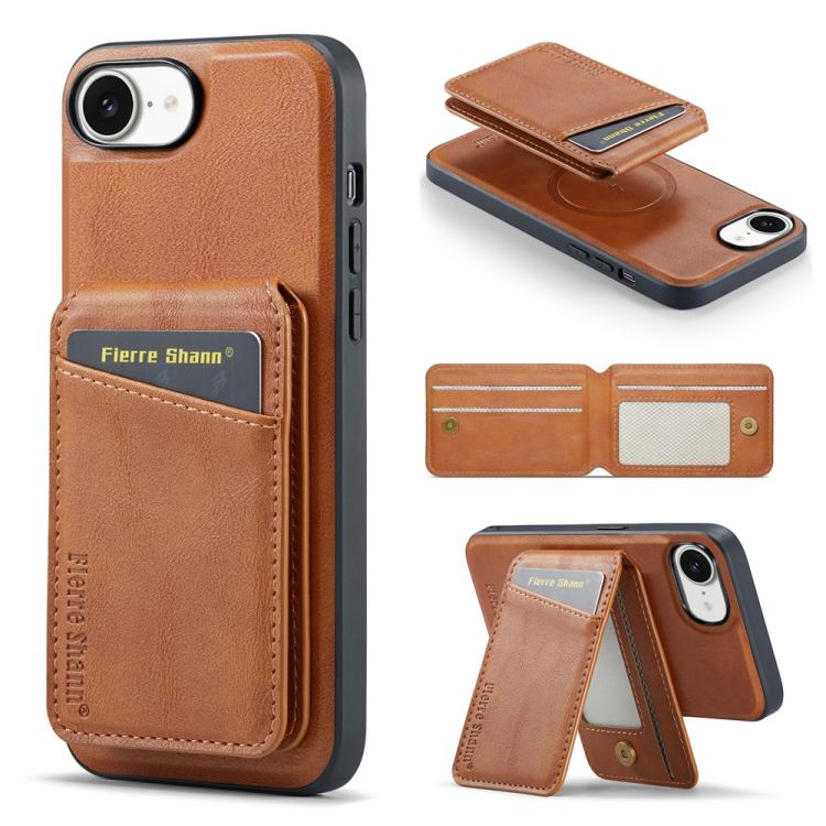 For iPhone 16e Fierre Shann Cowhide Vertical Flip Magnetic Card Holder Phone Case(Brown) - iPhone 16e Cases by FIERRE SHANN | Online Shopping UK | buy2fix