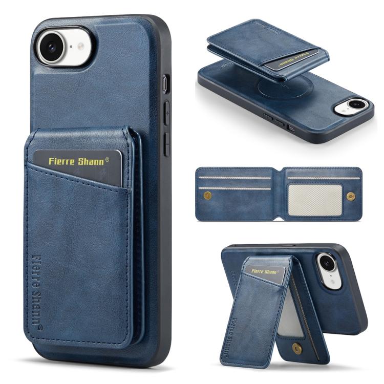 For iPhone 16e Fierre Shann Cowhide Vertical Flip Magnetic Card Holder Phone Case(Blue) - iPhone 16e Cases by FIERRE SHANN | Online Shopping UK | buy2fix