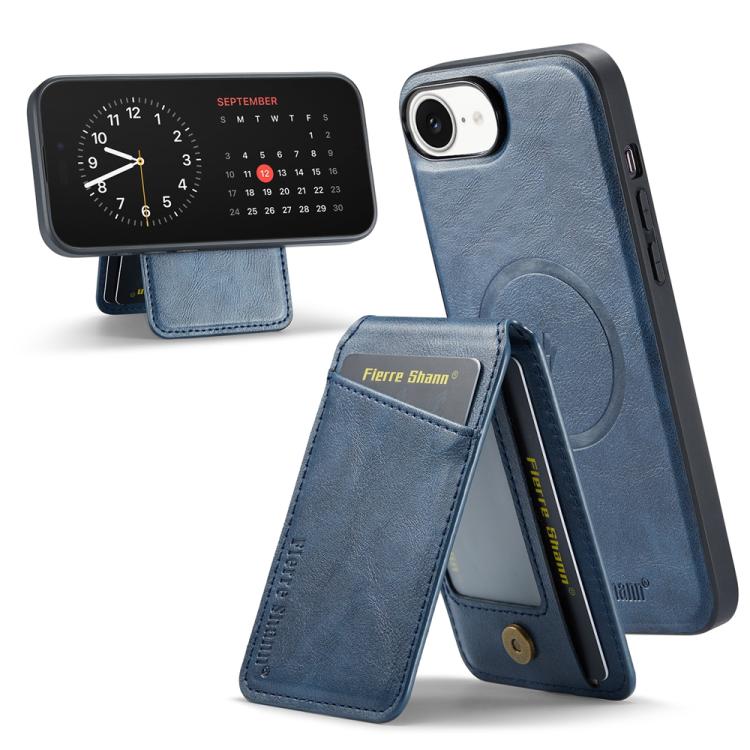 For iPhone 16e Fierre Shann Cowhide Vertical Flip Magnetic Card Holder Phone Case(Blue) - iPhone 16e Cases by FIERRE SHANN | Online Shopping UK | buy2fix