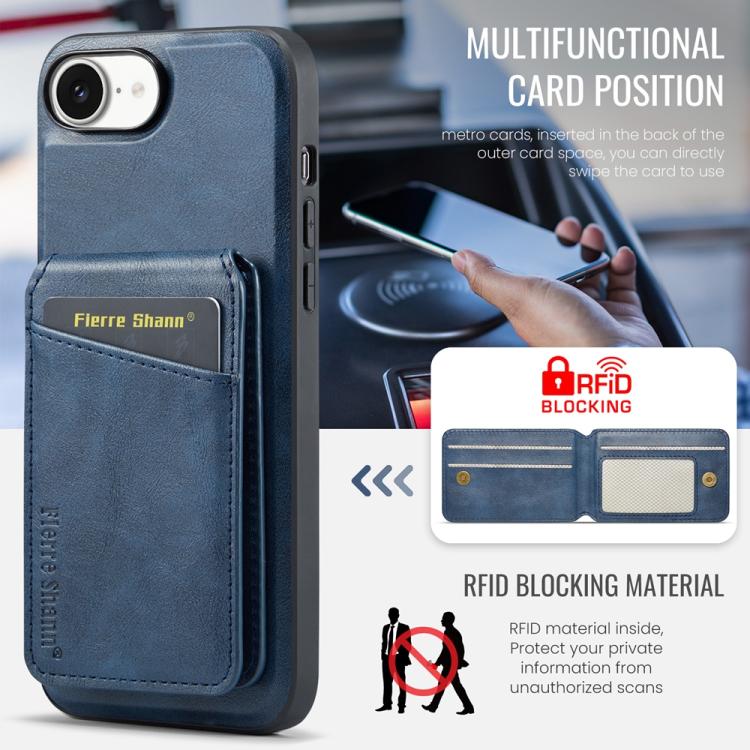 For iPhone 16e Fierre Shann Cowhide Vertical Flip Magnetic Card Holder Phone Case(Blue) - iPhone 16e Cases by FIERRE SHANN | Online Shopping UK | buy2fix