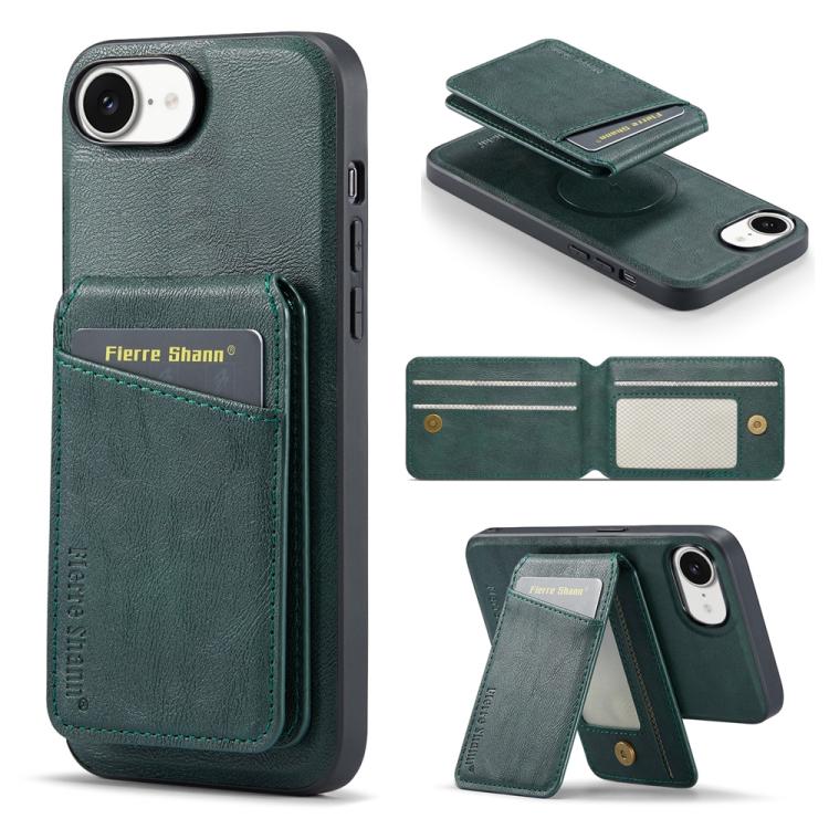 For iPhone 16e Fierre Shann Cowhide Vertical Flip Magnetic Card Holder Phone Case(Green) - iPhone 16e Cases by FIERRE SHANN | Online Shopping UK | buy2fix