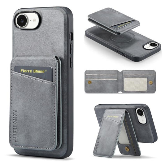 For iPhone 16e Fierre Shann Cowhide Vertical Flip Magnetic Card Holder Phone Case(Grey) - iPhone 16e Cases by FIERRE SHANN | Online Shopping UK | buy2fix