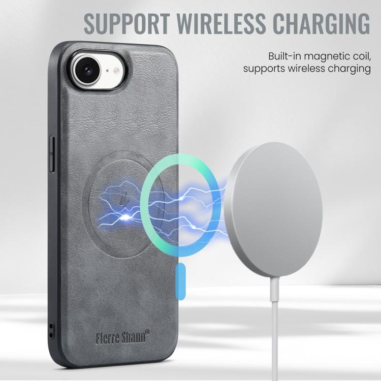 For iPhone 16e Fierre Shann Cowhide Vertical Flip Magnetic Card Holder Phone Case(Grey) - iPhone 16e Cases by FIERRE SHANN | Online Shopping UK | buy2fix