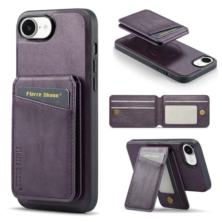 For iPhone 16e Fierre Shann Cowhide Vertical Flip Magnetic Card Holder Phone Case(Purple) - iPhone 16e Cases by FIERRE SHANN | Online Shopping UK | buy2fix