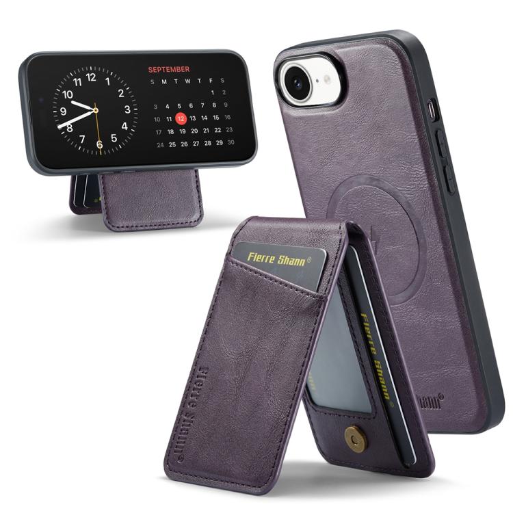 For iPhone 16e Fierre Shann Cowhide Vertical Flip Magnetic Card Holder Phone Case(Purple) - iPhone 16e Cases by FIERRE SHANN | Online Shopping UK | buy2fix