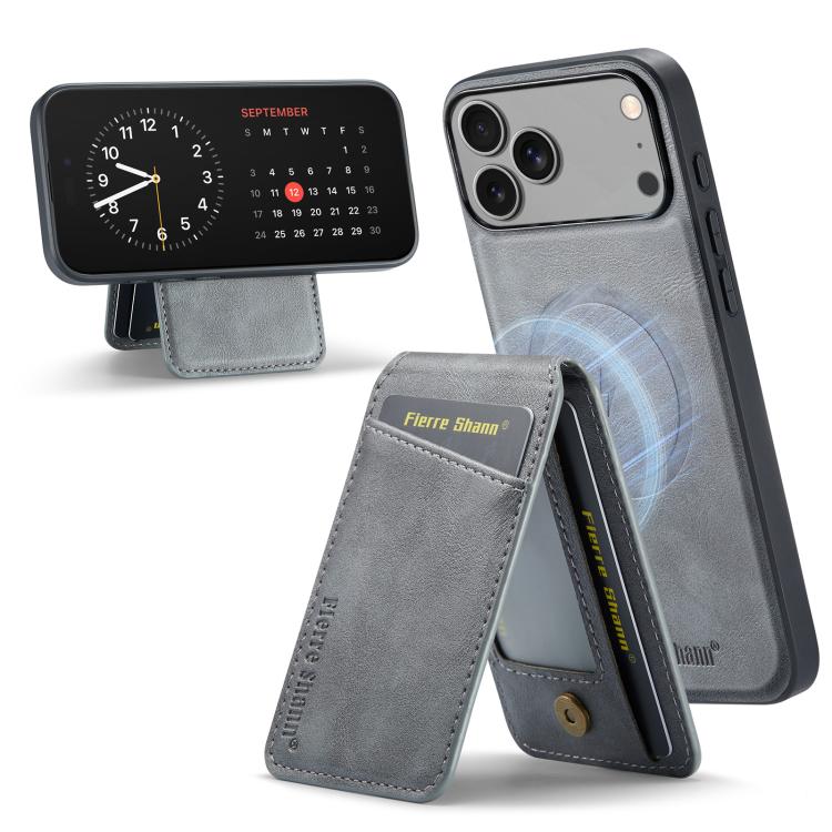 For iPhone 17 Pro Max Fierre Shann Cowhide Vertical Flip Magnetic Card Holder Phone Case(Grey) - iPhone 17 Pro Max Cases by FIERRE SHANN | Online Shopping UK | buy2fix