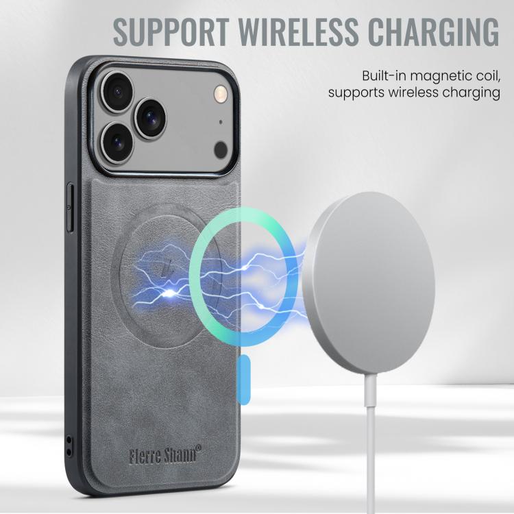 For iPhone 17 Pro Max Fierre Shann Cowhide Vertical Flip Magnetic Card Holder Phone Case(Grey) - iPhone 17 Pro Max Cases by FIERRE SHANN | Online Shopping UK | buy2fix