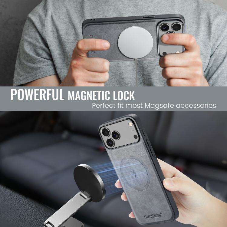 For iPhone 17 Pro Max Fierre Shann Cowhide Vertical Flip Magnetic Card Holder Phone Case(Grey) - iPhone 17 Pro Max Cases by FIERRE SHANN | Online Shopping UK | buy2fix