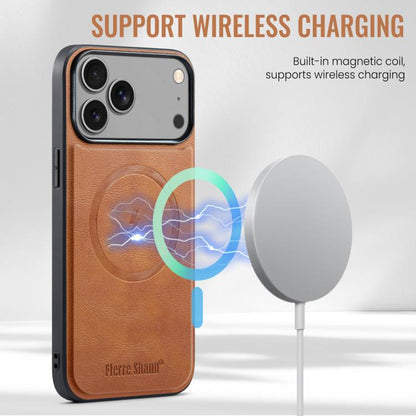 For iPhone 17 Pro Fierre Shann Cowhide Vertical Flip Magnetic Card Holder Phone Case(Brown) - iPhone 17 Pro Cases by FIERRE SHANN | Online Shopping UK | buy2fix