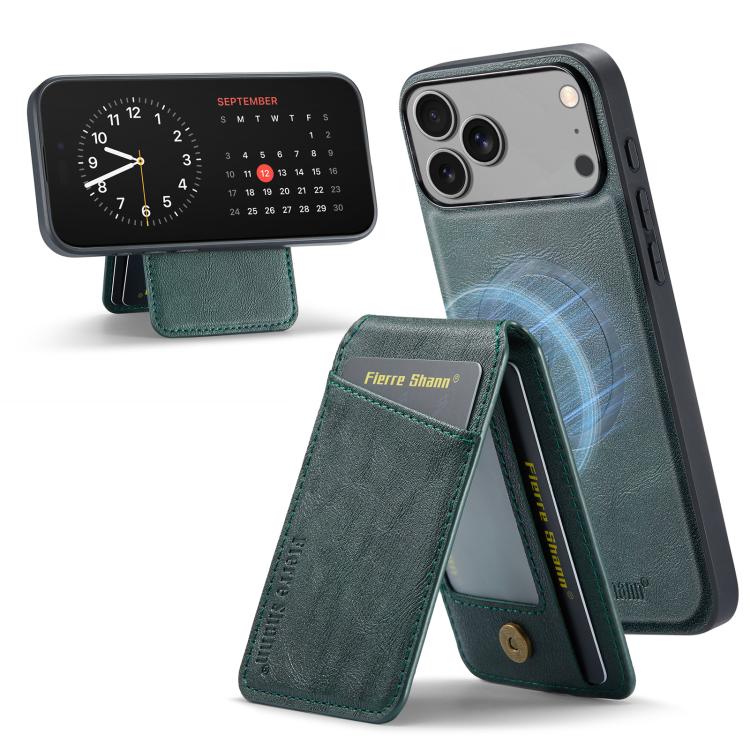 For iPhone 17 Pro Fierre Shann Cowhide Vertical Flip Magnetic Card Holder Phone Case(Green) - iPhone 17 Pro Cases by FIERRE SHANN | Online Shopping UK | buy2fix