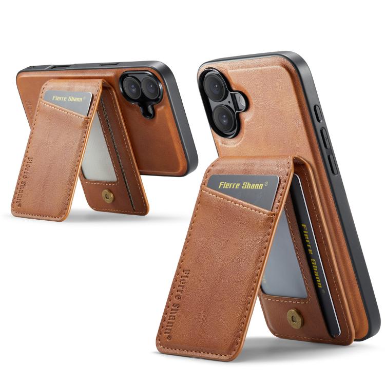 For iPhone 17 Fierre Shann Cowhide Vertical Flip Magnetic Card Holder Phone Case(Brown) - iPhone 17 Cases by FIERRE SHANN | Online Shopping UK | buy2fix