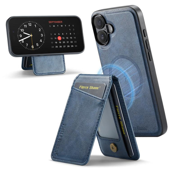 For iPhone 17 Fierre Shann Cowhide Vertical Flip Magnetic Card Holder Phone Case(Blue)