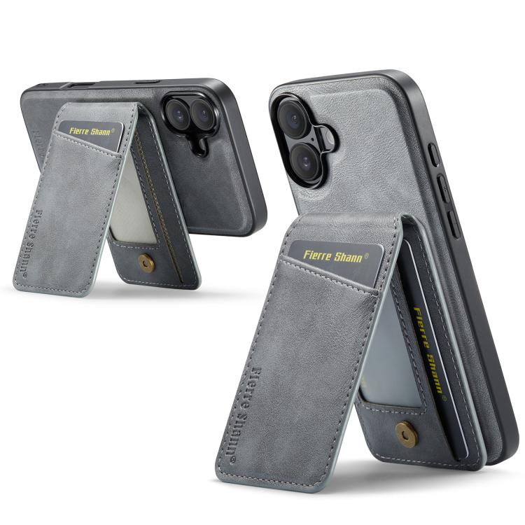 For iPhone 17 Fierre Shann Cowhide Vertical Flip Magnetic Card Holder Phone Case(Grey) - iPhone 17 Cases by FIERRE SHANN | Online Shopping UK | buy2fix
