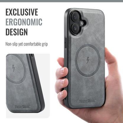 For iPhone 17 Fierre Shann Cowhide Vertical Flip Magnetic Card Holder Phone Case(Grey) - iPhone 17 Cases by FIERRE SHANN | Online Shopping UK | buy2fix