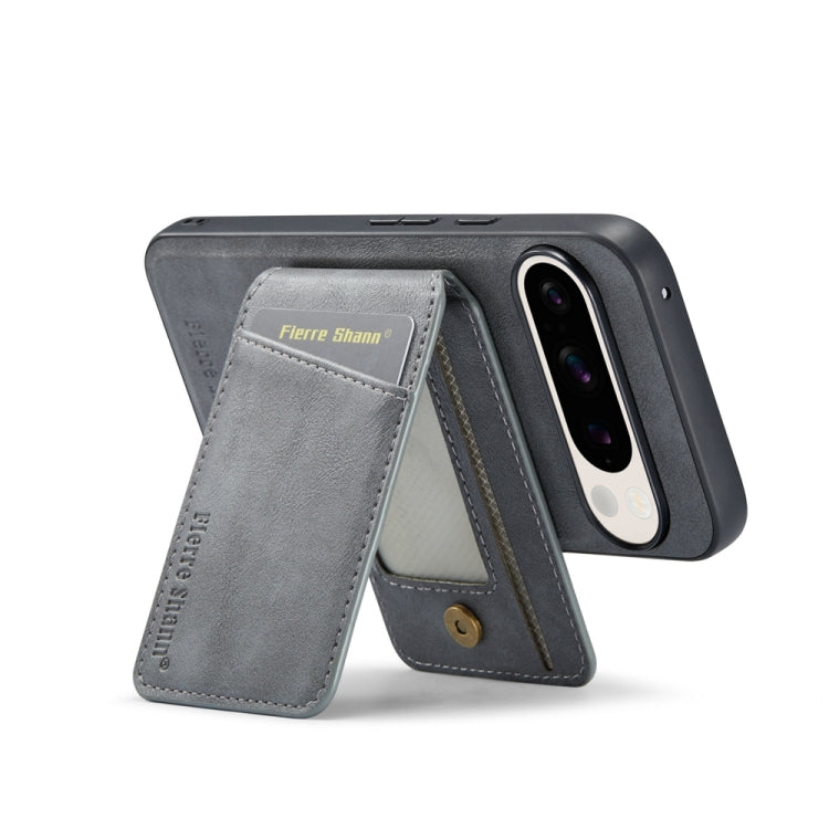 For Google Pixel 9 Pro Fierre Shann Cowhide Vertical Flip Magnetic Card Holder Phone Case(Grey) by FIERRE SHANN