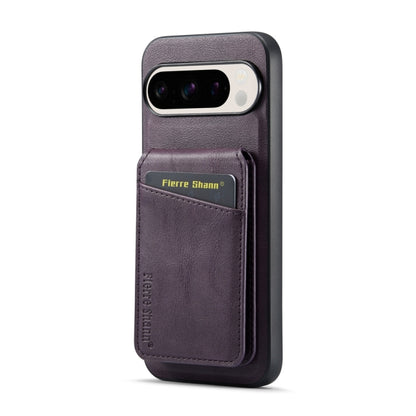 For Google Pixel 9 Pro Fierre Shann Cowhide Vertical Flip Magnetic Card Holder Phone Case(Purple) by FIERRE SHANN