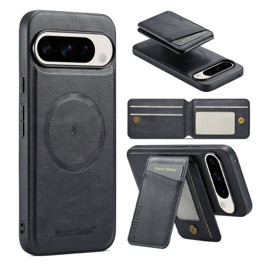 For Google Pixel 9 Fierre Shann Cowhide Vertical Flip Magnetic Card Holder Phone Case(Black) by FIERRE SHANN