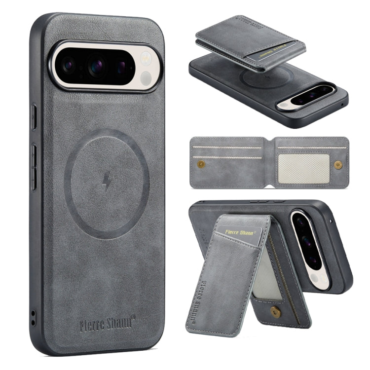 For Google Pixel 9 Fierre Shann Cowhide Vertical Flip Magnetic Card Holder Phone Case(Grey) by FIERRE SHANN