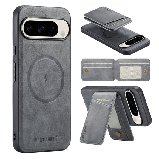 For Google Pixel 9 Fierre Shann Cowhide Vertical Flip Magnetic Card Holder Phone Case(Grey) by FIERRE SHANN