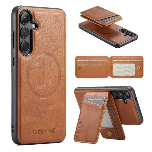 For Samsung Galaxy S24+ 5G Fierre Shann Cowhide Vertical Flip Magnetic Card Holder Phone Case(Brown) - Galaxy S24+ 5G Cases by FIERRE SHANN | Online Shopping UK | buy2fix