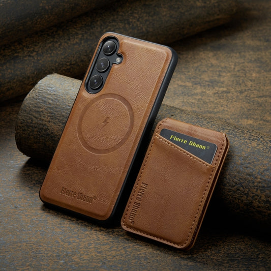 For Samsung Galaxy S24+ 5G Fierre Shann Cowhide Vertical Flip Magnetic Card Holder Phone Case(Brown) - Galaxy S24+ 5G Cases by FIERRE SHANN | Online Shopping UK | buy2fix