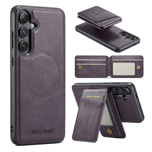 For Samsung Galaxy S24+ 5G Fierre Shann Cowhide Vertical Flip Magnetic Card Holder Phone Case(Purple) - Galaxy S24+ 5G Cases by FIERRE SHANN | Online Shopping UK | buy2fix
