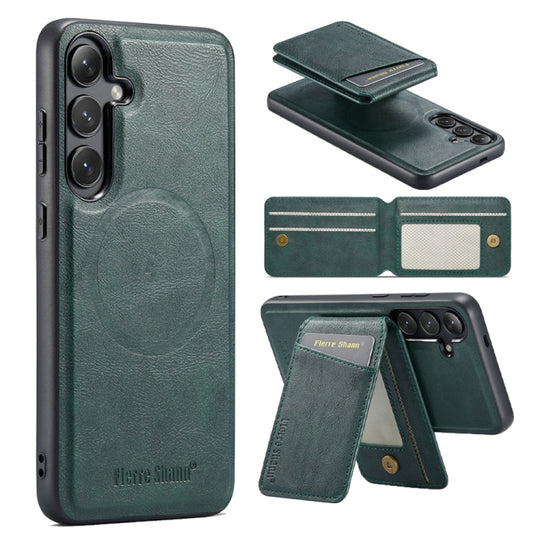 For Galaxy S23 FE 5G Fierre Shann Cowhide Vertical Flip Magnetic Card Holder Phone Case(Green)