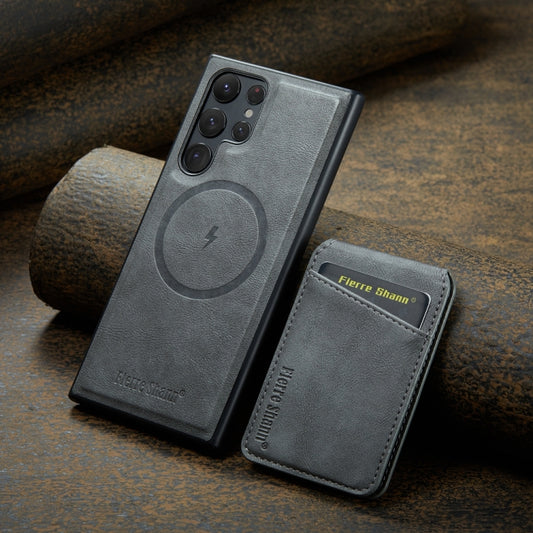 For Samsung Galaxy S24 Ultra 5G Fierre Shann Cowhide Vertical Flip Magnetic Card Holder Phone Case(Grey) - Galaxy S24 Ultra 5G Cases by FIERRE SHANN | Online Shopping UK | buy2fix