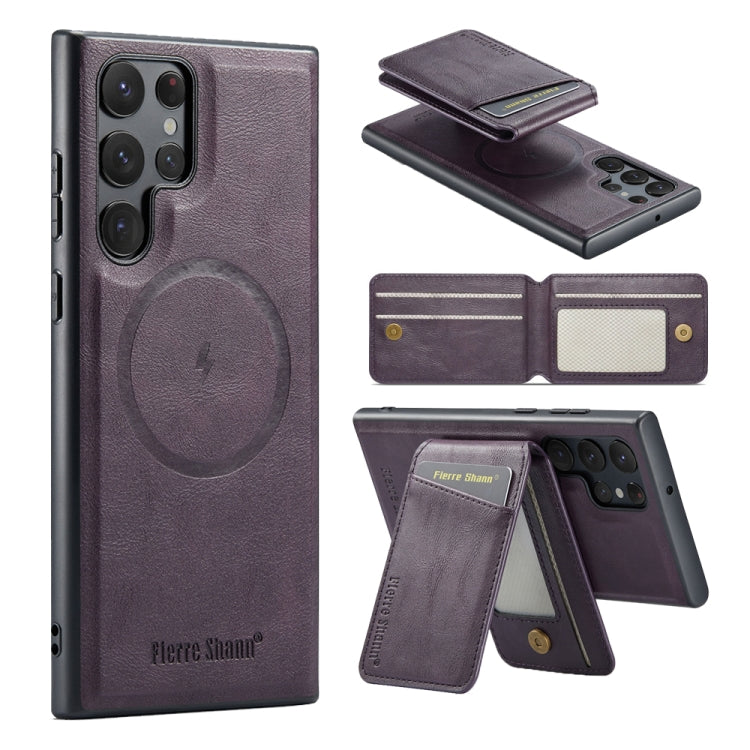 For Samsung Galaxy S24 Ultra 5G Fierre Shann Cowhide Vertical Flip Magnetic Card Holder Phone Case(Purple) - Galaxy S24 Ultra 5G Cases by FIERRE SHANN | Online Shopping UK | buy2fix
