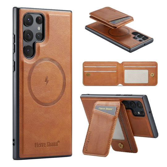 For Samsung Galaxy S23 Ultra 5G Fierre Shann Cowhide Vertical Flip Magnetic Card Holder Phone Case(Brown)