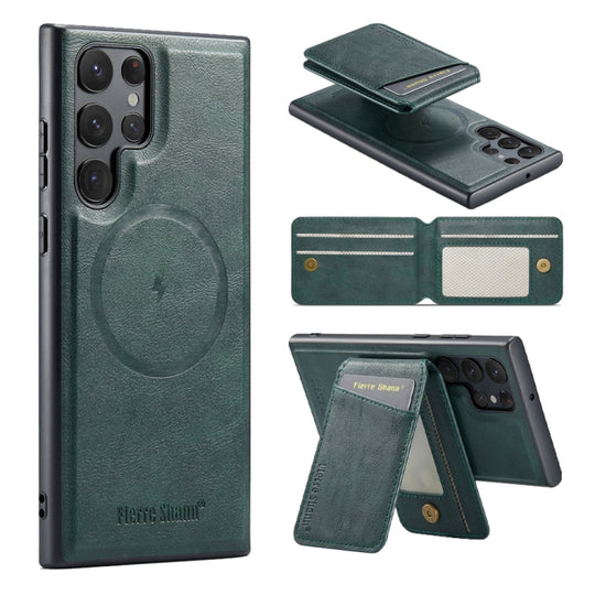 For Samsung Galaxy S23 Ultra 5G Fierre Shann Cowhide Vertical Flip Magnetic Card Holder Phone Case(Green)