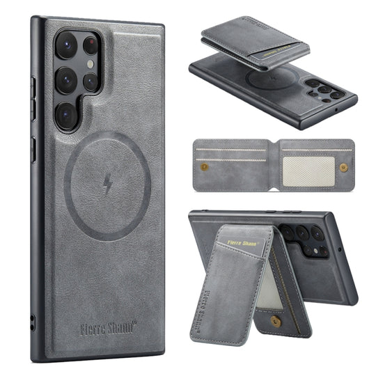 For Samsung Galaxy S23 Ultra 5G Fierre Shann Cowhide Vertical Flip Magnetic Card Holder Phone Case(Grey)