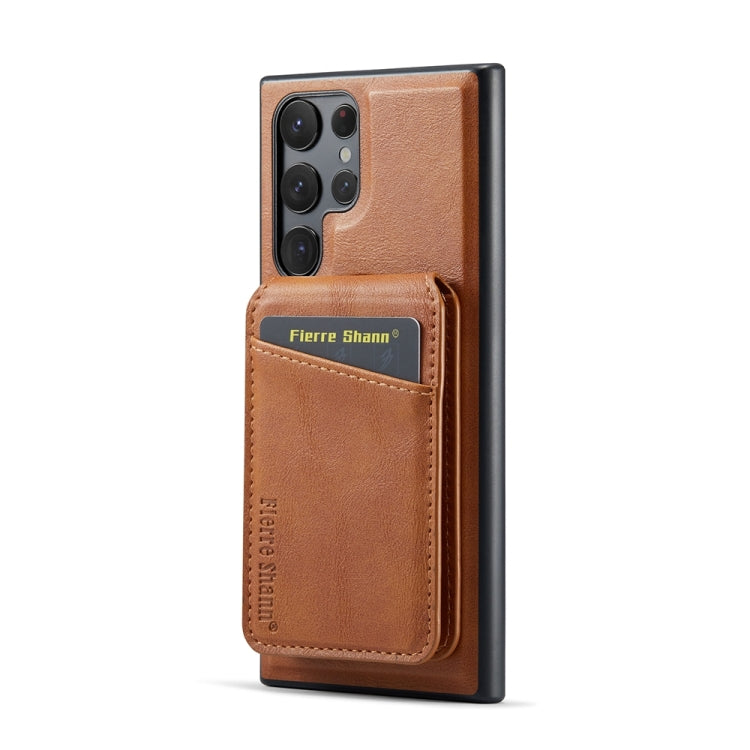For Samsung Galaxy S22 Ultra 5G Fierre Shann Cowhide Vertical Flip Magnetic Card Holder Phone Case(Brown) - Galaxy S22 Ultra 5G Cases by FIERRE SHANN | Online Shopping UK | buy2fix