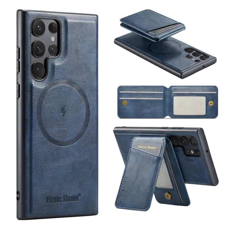 For Samsung Galaxy S22 Ultra 5G Fierre Shann Cowhide Vertical Flip Magnetic Card Holder Phone Case(Blue) - Galaxy S22 Ultra 5G Cases by FIERRE SHANN | Online Shopping UK | buy2fix