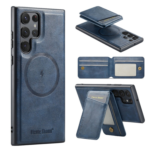 For Samsung Galaxy S22 Ultra 5G Fierre Shann Cowhide Vertical Flip Magnetic Card Holder Phone Case(Blue) - Galaxy S22 Ultra 5G Cases by FIERRE SHANN | Online Shopping UK | buy2fix