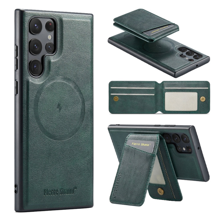 For Samsung Galaxy S22 Ultra 5G Fierre Shann Cowhide Vertical Flip Magnetic Card Holder Phone Case(Green) - Galaxy S22 Ultra 5G Cases by FIERRE SHANN | Online Shopping UK | buy2fix