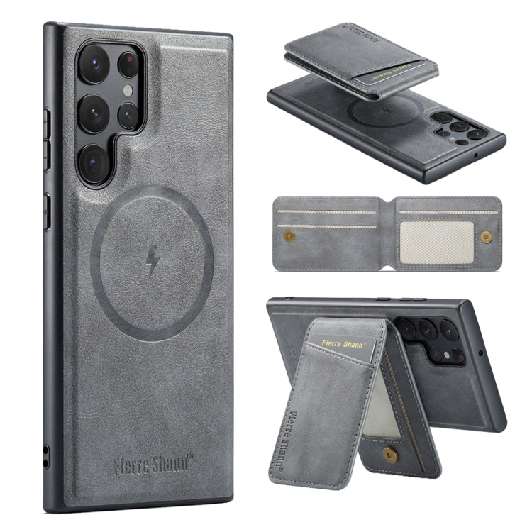 For Samsung Galaxy S22 Ultra 5G Fierre Shann Cowhide Vertical Flip Magnetic Card Holder Phone Case(Grey) - Galaxy S22 Ultra 5G Cases by FIERRE SHANN | Online Shopping UK | buy2fix