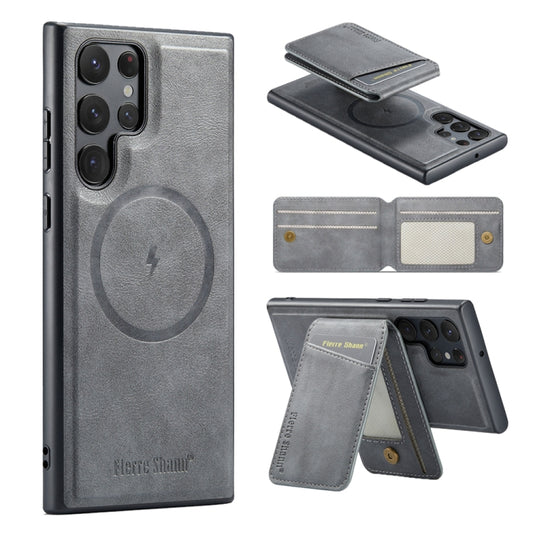 For Samsung Galaxy S22 Ultra 5G Fierre Shann Cowhide Vertical Flip Magnetic Card Holder Phone Case(Grey) - Galaxy S22 Ultra 5G Cases by FIERRE SHANN | Online Shopping UK | buy2fix