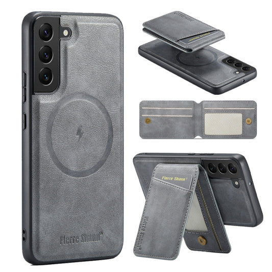 For Samsung Galaxy S22 5G Fierre Shann Cowhide Vertical Flip Magnetic Card Holder Phone Case(Grey) - Galaxy S22 5G Cases by FIERRE SHANN | Online Shopping UK | buy2fix