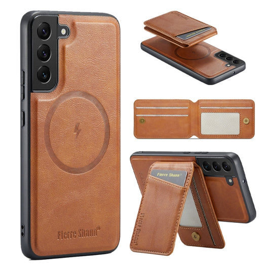 For Samsung Galaxy S22+ 5G Fierre Shann Cowhide Vertical Flip Magnetic Card Holder Phone Case(Brown) - Galaxy S22+ 5G Cases by FIERRE SHANN | Online Shopping UK | buy2fix
