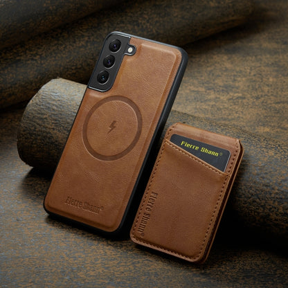 For Samsung Galaxy S22+ 5G Fierre Shann Cowhide Vertical Flip Magnetic Card Holder Phone Case(Brown) - Galaxy S22+ 5G Cases by FIERRE SHANN | Online Shopping UK | buy2fix
