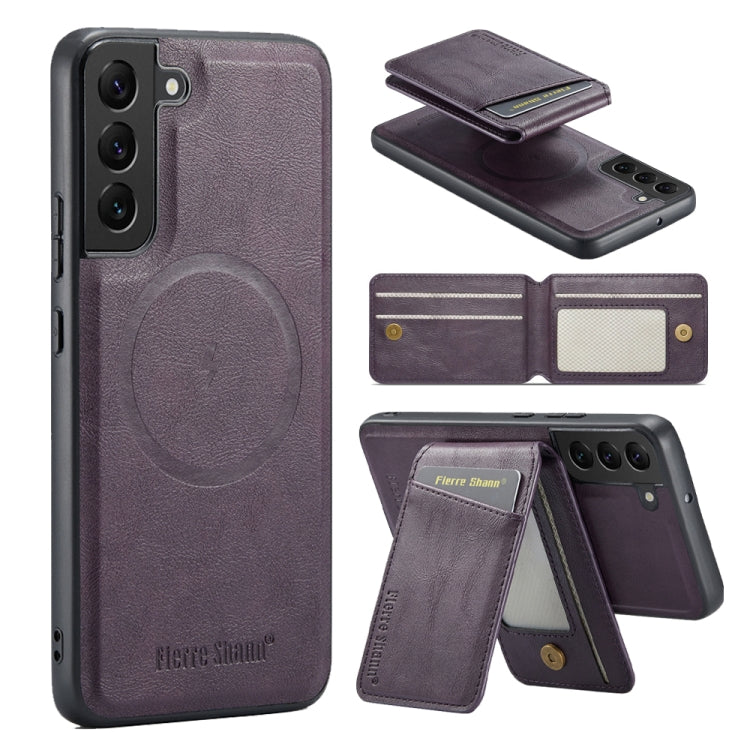 For Samsung Galaxy S22+ 5G Fierre Shann Cowhide Vertical Flip Magnetic Card Holder Phone Case(Purple) - Galaxy S22+ 5G Cases by FIERRE SHANN | Online Shopping UK | buy2fix
