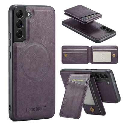 For Samsung Galaxy S22+ 5G Fierre Shann Cowhide Vertical Flip Magnetic Card Holder Phone Case(Purple) - Galaxy S22+ 5G Cases by FIERRE SHANN | Online Shopping UK | buy2fix